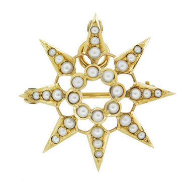 Antique Victorian Seed Pearl Starburst Pendant Brooch 14 Karat Yellow Gold - alternate view