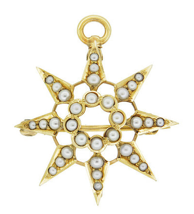 Antique Victorian Seed Pearl Starburst Pendant Brooch 14 Karat Yellow Gold
