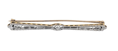 Platinum Topped Art Deco Filigree Arrow Bar Brooch in 14 Karat Yellow Gold - Item: BR200 - Image: 2