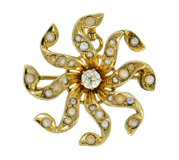 Antique Victorian 0.22 Carat Old European Cut Diamond and Seed Pearl Sunburst Brooch in 10 Karat Gold - Convertible Pin / Pendant - Item: BR210 - Image: 2