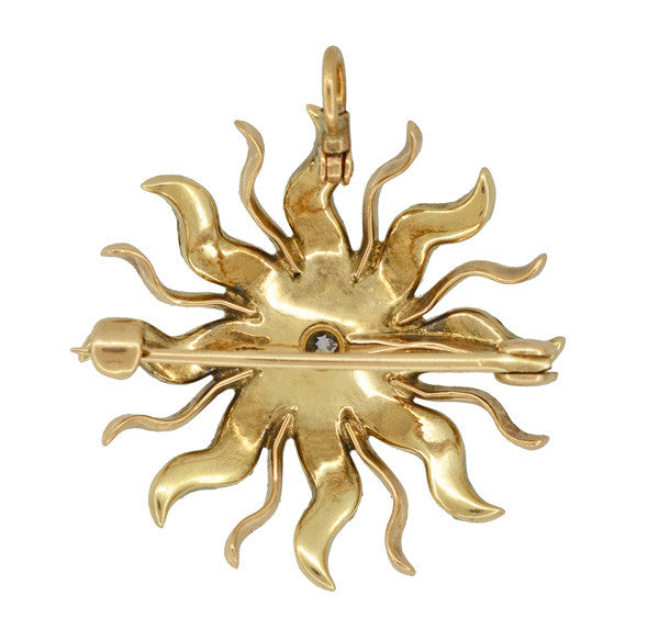 Antique Victorian Diamond and Seed Pearl Sunburst Pendant Brooch in 14 Karat Gold - Item: BR211 - Image: 3