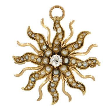 Antique Victorian Diamond and Seed Pearl Sunburst Pendant Brooch in 14 Karat Gold - alternate view