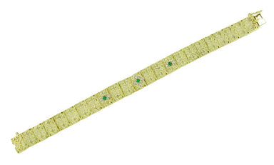 Art Deco Filigree Emerald and Diamond Vintage Bracelet in 14 Karat Gold - alternate view