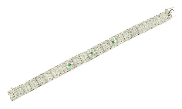 Antique Inspired Art Deco Filigree Emerald & Diamond Engraved Bracelet in 14 Karat White Gold - Item: BRV46W - Image: 2