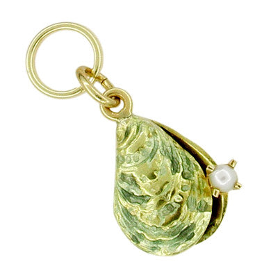 Enameled Oyster Vintage Charm Set with Natural Seed Pearl in 14 Karat Gold