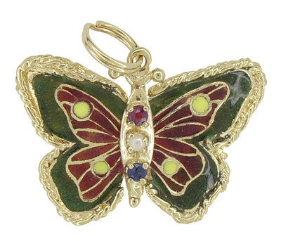 Enameled Gem Set Movable Butterfly Pendant in 14 Karat Gold