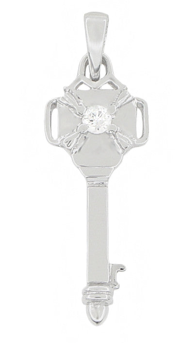 Vintage Key Pendant with Diamond in 14 Karat White Gold
