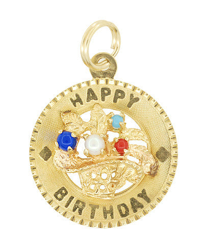 Vintage Basket of Flowers "Happy Birthday" Charm in 14K Yellow Gold