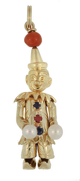 Moveable Vintage Happy Clown Pendant With Ruby, Sapphires, Coral and Pearls in 14 Karat Yellow Gold