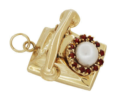 Moveable Vintage Telephone Pendant Charm in 14 Karat Yellow Gold With Pearl - Item: C614 - Image: 2