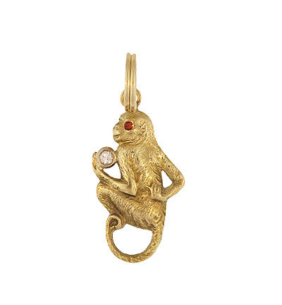 Clever Monkey Vintage Charm With Diamond and Ruby in 14 Karat Yellow Gold