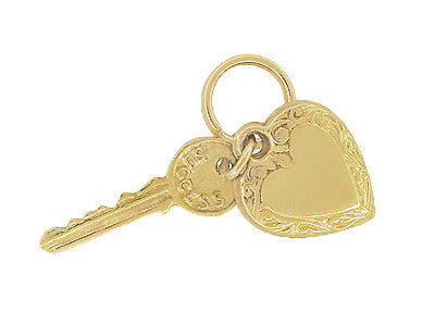 Puffed Heart and Key to Success and Love Vintage Charm in 14 Karat Yellow Gold - Item: C664 - Image: 2