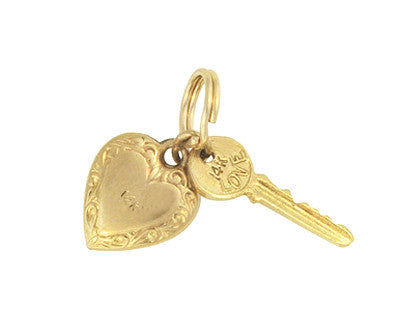 Puffed Heart and Key to Success and Love Vintage Charm in 14 Karat Yellow Gold
