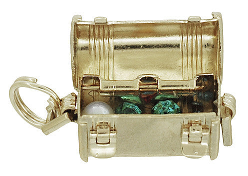 Movable Treasure Chest with Jewels Inside Charm Pendant in 14K Gold