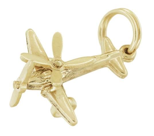 1950's Vintage Movable Propellers Airplane Charm in 10K Yellow Gold - Item: C735 - Image: 2