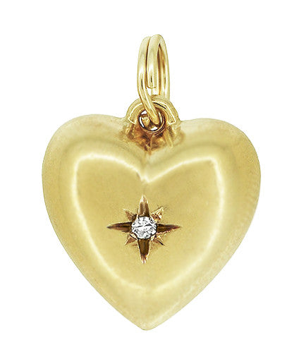 Vintage Victorian Puffed Heart Charm Pendant with Diamond in 14K Yellow Gold