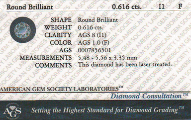 0.61 Carat F Color I1 Clarity Loose Affordable Diamond | Beautiful and Eye Clean | Laser Enhanced with AGS Report - alternate view
