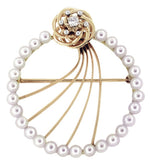 Vintage Mid Century Modern Retro Diamond and Pearls Circle Brooch in 14 Karat Gold