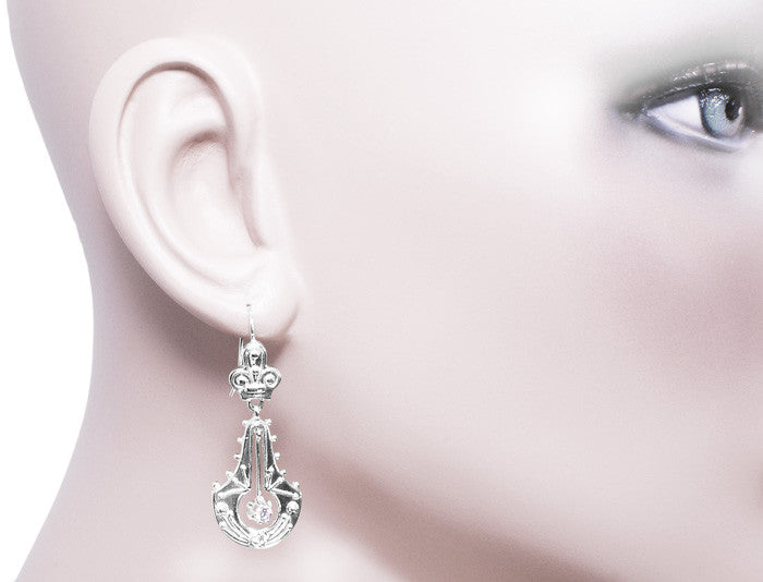 Victorian Double Dangle Drop Diamond Earrings in 14 Karat White Gold - Item: E124W - Image: 2