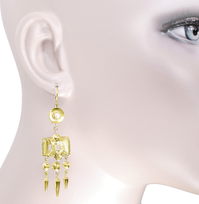 Victorian Engraved Dangle Pearl Earrings in 15 Karat Yellow Gold - Item: E149 - Image: 2