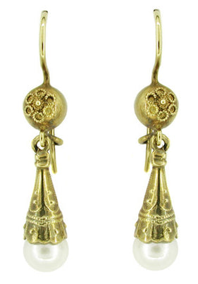 Victorian Pearl Drop Earrings in 14 Karat Yellow Gold