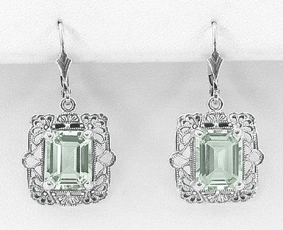 Art Deco Filigree Prasiolite Green Amethyst Drop Earrings in Sterling Silver - Item: E154GA - Image: 2