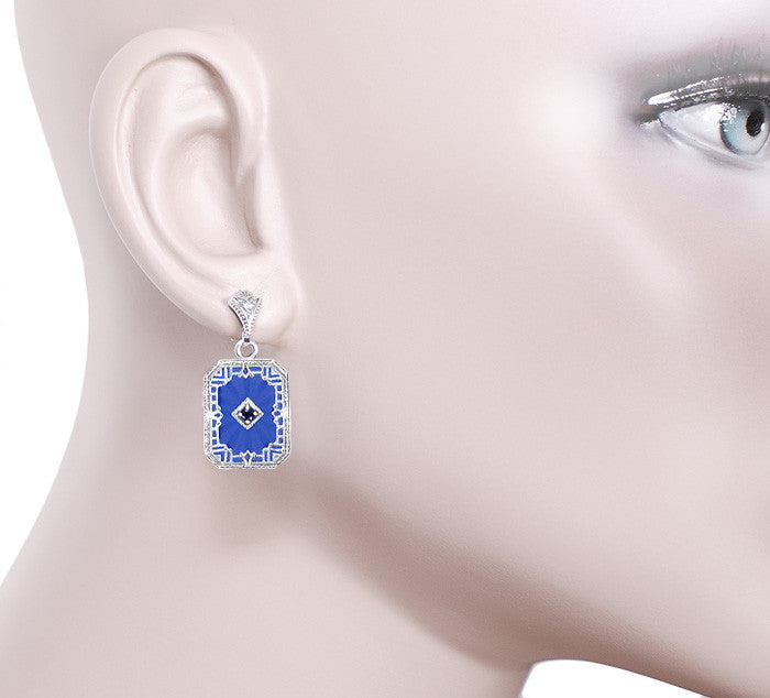 Art Deco Filigree Royal Blue Sun Ray Crystal and Sapphire Earrings with Diamond in Sterling Silver - Item: E155DB - Image: 3