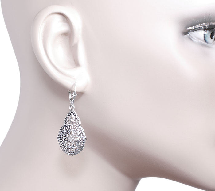 Art Deco Diamond Filigree Teardrop Dangling Earrings in Sterling Silver - Item: E158 - Image: 3