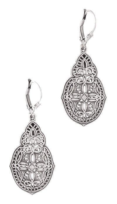 Art Deco Diamond Filigree Teardrop Dangling Earrings in Sterling Silver - Item: E158 - Image: 2