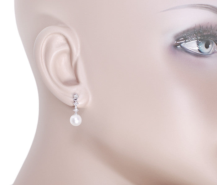 Mid-Century Straightline Diamond Pearl Drop Earrings in 14 Karat White Gold - Item: E163 - Image: 3