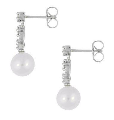 Mid-Century Straightline Diamond Pearl Drop Earrings in 14 Karat White Gold - alternate view