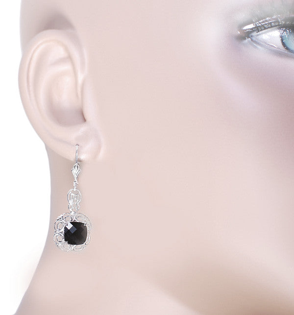 Filigree Cushion Cut Black Onyx Art Deco Drop Earrings in Sterling Silver - Item: E166on - Image: 3