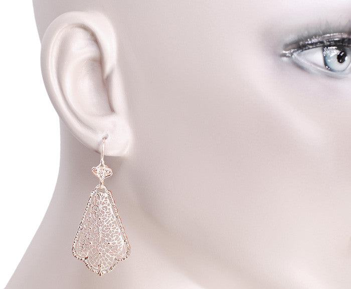 Edwardian Scalloped Leaf Dangling Sterling Silver Filigree Earrings with Rose Gold Vermeil - Item: E169R - Image: 4
