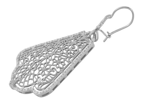 Edwardian Scalloped Leaf Dangling Sterling Silver Filigree Earrings - Item: E169W - Image: 2