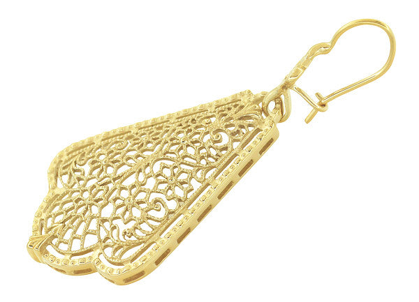 Scalloped Leaf Dangling Sterling Silver Filigree Edwardian Earrings with Yellow Gold Vermeil - Item: E169Y - Image: 2