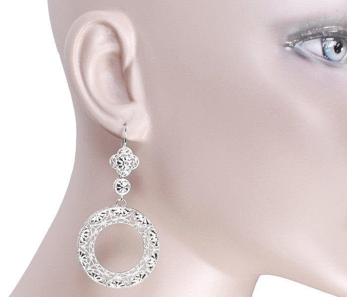 Circle of Love Art Deco Sterling Silver Drop Dangle Filigree Earrings - Item: E170W - Image: 3