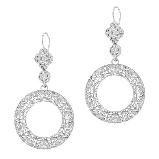 Circle of Love Art Deco Sterling Silver Drop Dangle Filigree Earrings - Item: E170W - Image: 2
