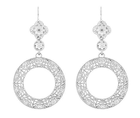Circle of Love Art Deco Sterling Silver Drop Dangle Filigree Earrings