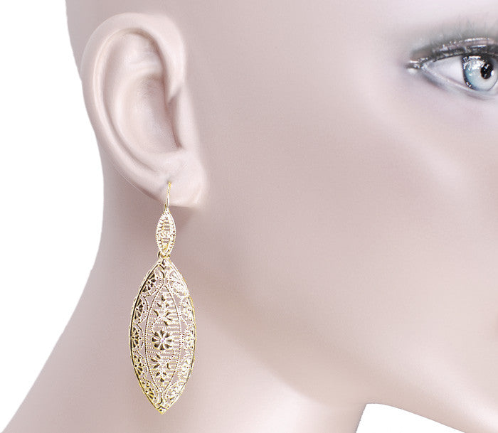 Art Deco Dangling Leaf Sterling Silver Filigree Diamond Earrings with Yellow Gold Vermeil - Item: E171YD - Image: 3
