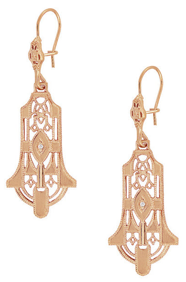 Geometric Dangling Art Deco Rose Gold Vermeil Sterling Silver Filigree Diamond Earrings - alternate view