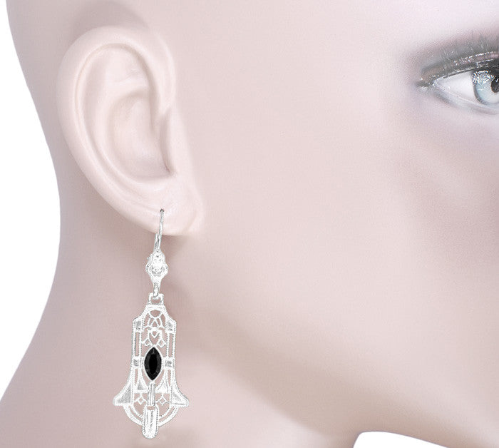 Art Deco Geometric Black Onyx Dangling Sterling Silver Filigree Earrings - Item: E173Won - Image: 3