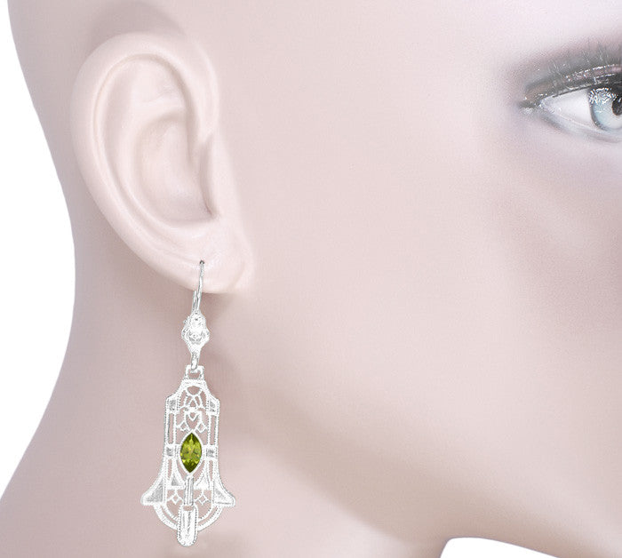 Art Deco Sterling Silver Geometric Dangling Filigree Peridot Earrings - Item: E173WPER - Image: 3