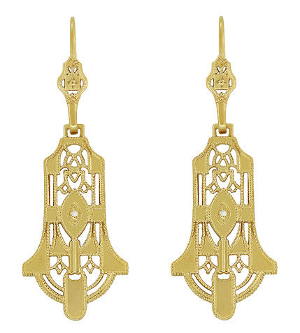 Art Deco Geometric Diamond Dangling Filigree Earrings in Sterling Silver with Yellow Gold Vermeil