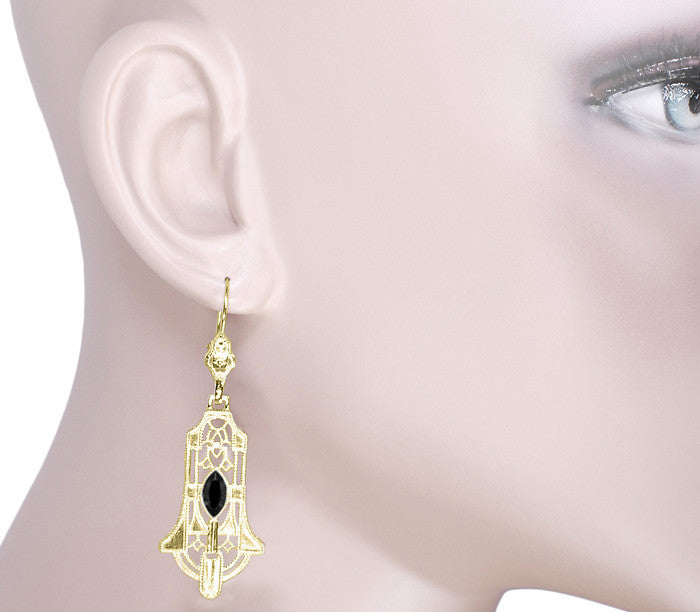 Art Deco Geometric Black Onyx Dangling Filigree Earrings in Sterling Silver with Yellow Gold Vermeil - Item: E173YON - Image: 3