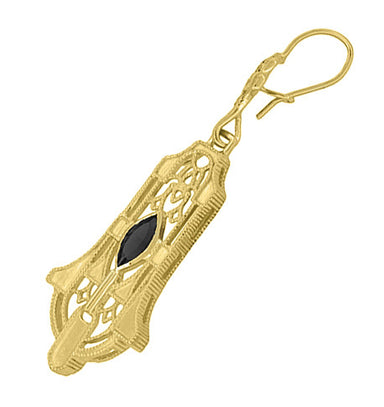 Art Deco Geometric Black Onyx Dangling Filigree Earrings in Sterling Silver with Yellow Gold Vermeil - alternate view