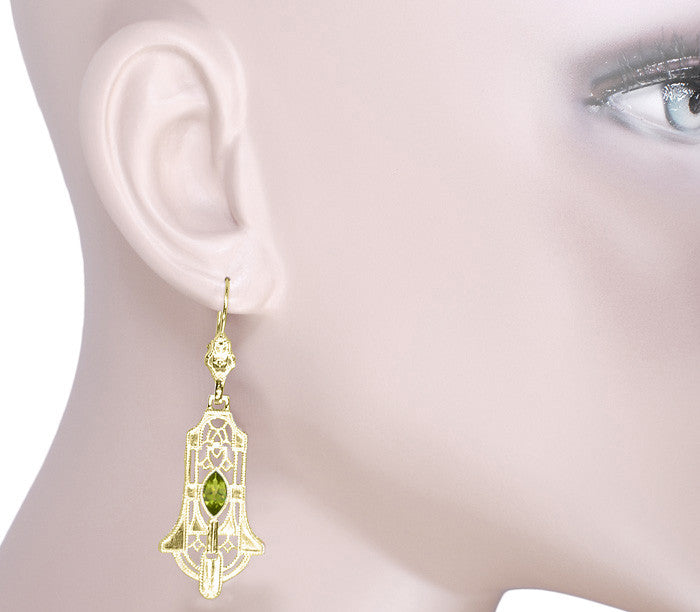 Art Deco Geometric Dangling Filigree Peridot Earrings in Sterling Silver with Yellow Gold Vermeil - Item: E173YPER - Image: 3