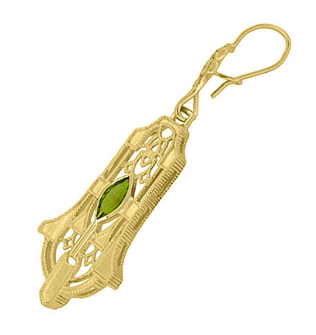 Art Deco Geometric Dangling Filigree Peridot Earrings in Sterling Silver with Yellow Gold Vermeil - Item: E173YPER - Image: 2