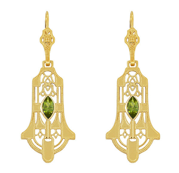 Art Deco Geometric Dangling Filigree Peridot Earrings in Sterling Silver with Yellow Gold Vermeil
