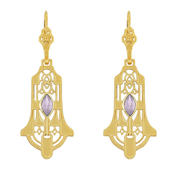 Art Deco Geometric Rose de France Amethyst Dangling Filigree Earrings in Sterling Silver with Yellow Gold Vermeil