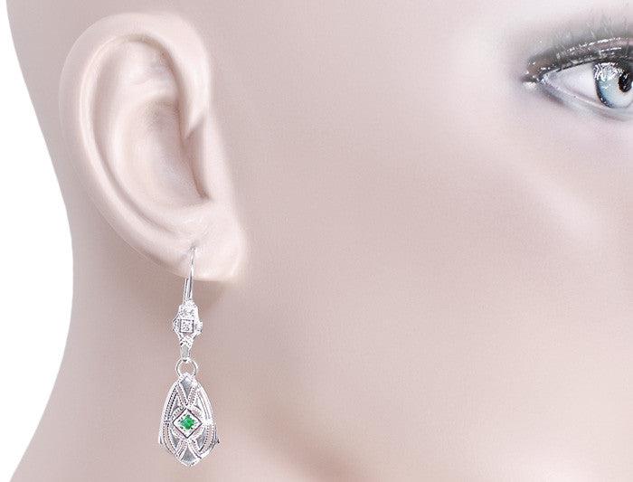 Art Deco Dangling Sterling Silver Emerald and Diamond Filigree Earrings - Item: E178WE - Image: 3